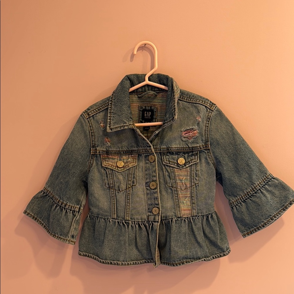 GAP Blue Jean Jacket with Cropped Peplum Style, Girls Small, Excellent Condition